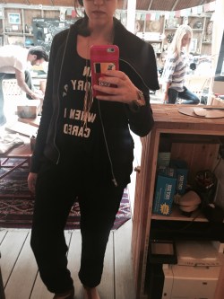 My outfit for #FashioNRevolutionDay. Top and pants thrifted and made in USA, thrifted necklace, Seamly.co motojacket, warby parker glasses.